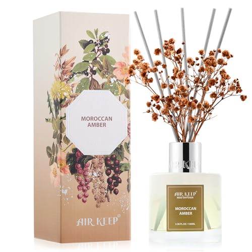 Image of Airkeep Reed Diffuser Set,3.38 fl oz (100 ml) - Moroccan Amber Oil Diffusers with 8 Reed Sticks, Home Fragrance Reed Diffuser for Bathroom Shelf Decor