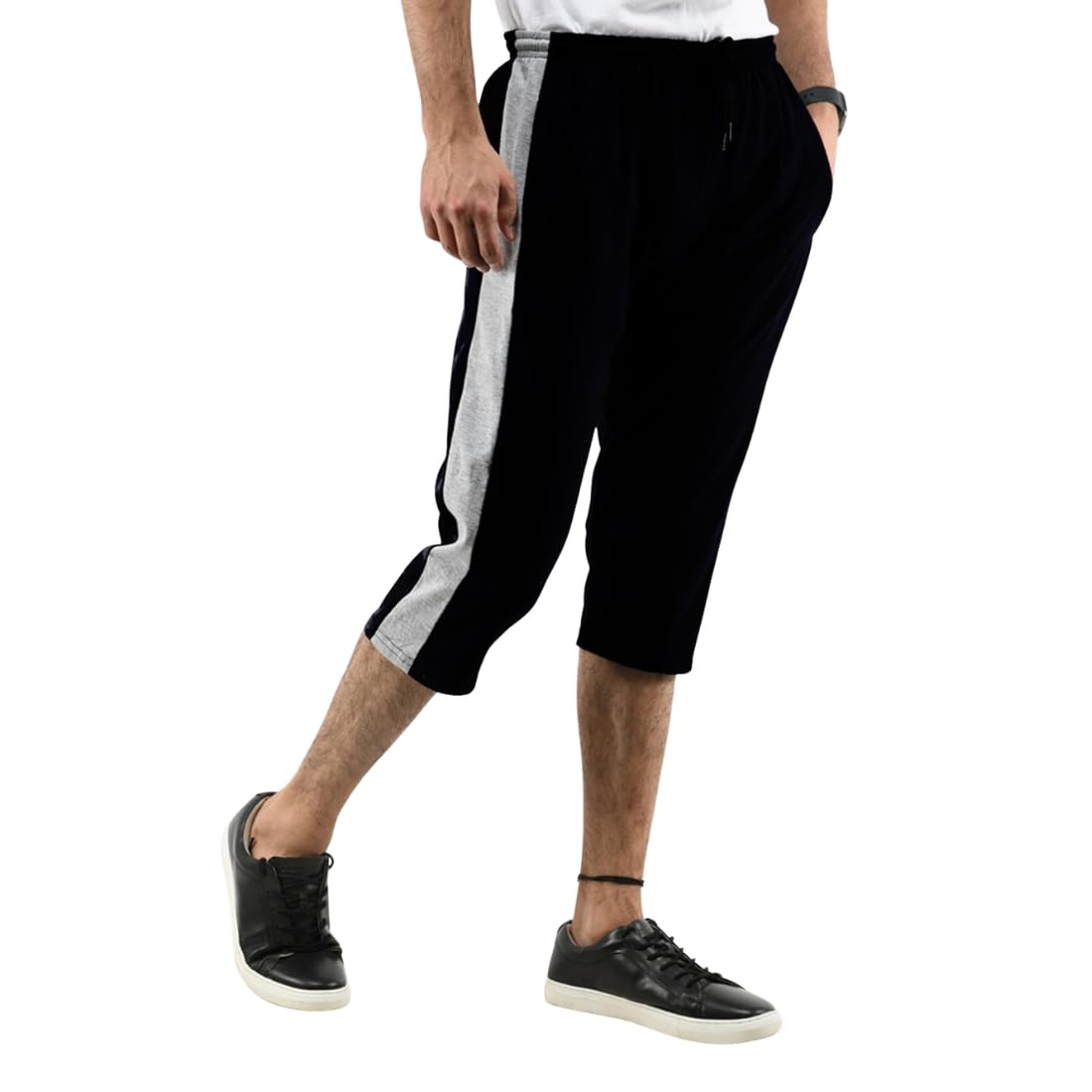 Men’s Cotton Capri Pants with Side Stripe, Dual Side Pockets and Adjustable Drawstring Waist – Comfortable Knee-Length Casual & Active Wear Black-image-16