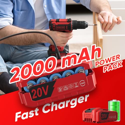 Cordless Drill Set, VIWKO 20V Power Drill with Power Pack 2.0Ah and Charger, 3/8-Inch Keyless Chuck Electricdrill, 25+1 Torque, 42pcs Drilldriver Bits/Screws for DIY Projects (Red)