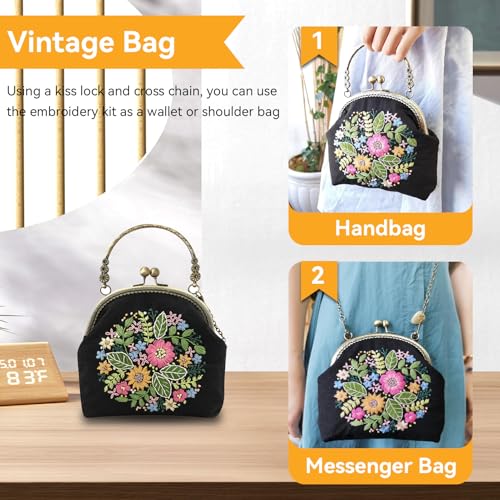 Schwarz Leinentasche Stickerei Starter Kit, Stickpackung Aus Segeltuch, Stickset Tragetasche, Canvas Tragetasche Damen, Unfertige Handgefertigte DIY-Geldbörse Mit Kussschloss Und Crossbody-Kette