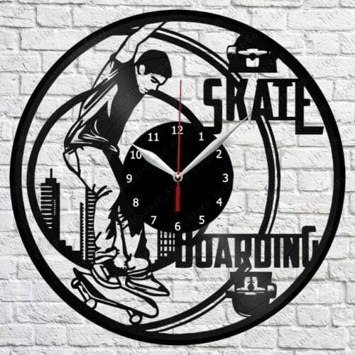 Reloj de pared de vinilo para patinetas, LP Record, decoración del hogar, arte hecho a mano, regalo de personalidad (tamaño 12 pulgadas, color negro)