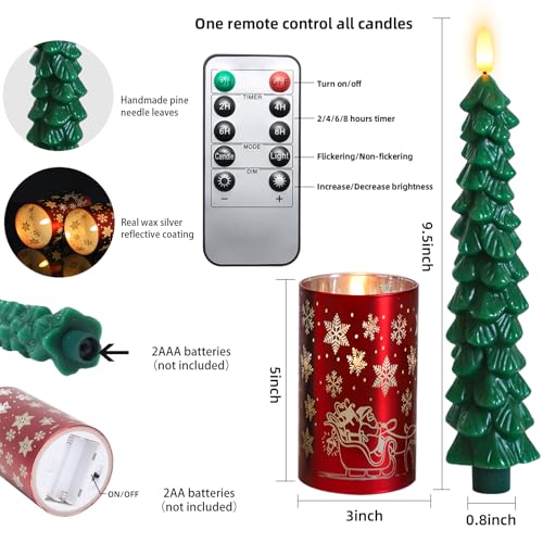 Image of Lezonic Christmas Flameless Candles with Remote, Green Christmas Tree Flickering Battery Operated Window Candlesticks, Red Glass Xmas New Year Decorations Gifts, Set of 4 Real Wax LED Candles