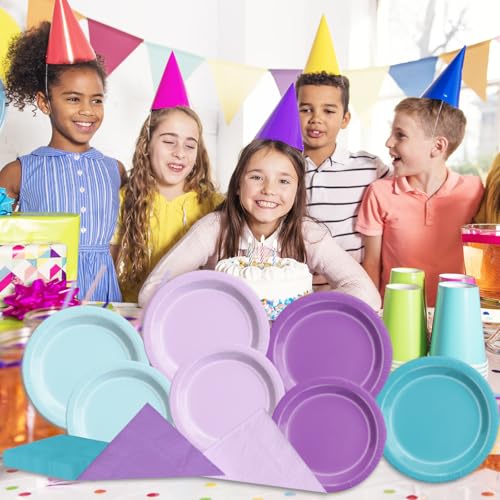 Image of CMUSKO Mermaid Birthday Decorations-150Pcs Pink Blue Purple Plates and Napkins Mermaid Theme Party Supplies Serves 50 for Girl Birthday,Baby Shower,Wedding
