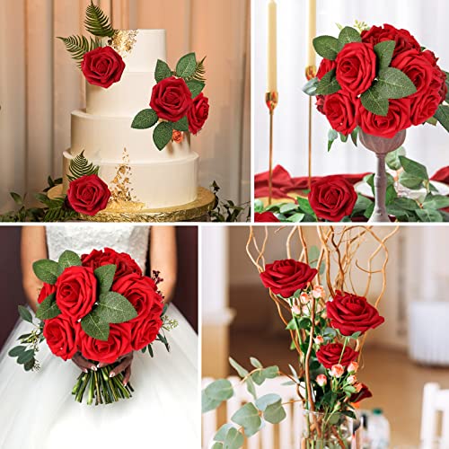 AmyHomie Artificial Flowers Dark Red Rose 25pcs Real Looking Fake Roses w/Stem for DIY Wedding Bouquets Centerpieces Arrangements Party Baby Shower Mothers Day Christmas Tree Decorations - Image 4