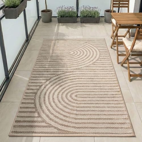 Carpetsale24 Outdoor Teppich Beige 80x150 cm Läufer, Wetterfest & UV-beständig, ideal für Küche, Balkon, Terrasse auch Wohnzimmer und Esszimmer, Skandinavisches Boho-Design, Leicht zu Reinigen