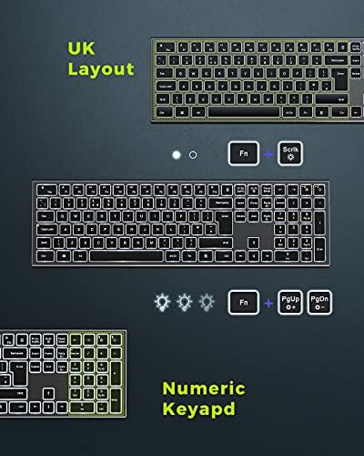 Rechargeable Wireless Backlit Keyboard, Slim Full Size illuminated Cordless Keyboard with Number Pad for Windows PC Computer, Laptop, Desktop, Space Gray - QWERTY UK Layout