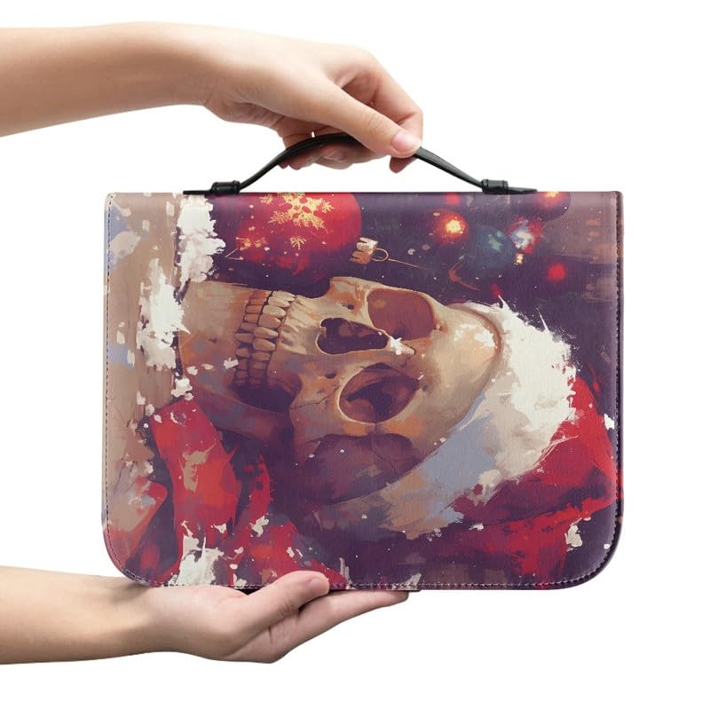 Kuiaobaty Skull Gothic Women's Bible Cover Christmas Santa's Hat Faux Leather Book Carry Case,Halloween Skeleton Gift for Men Women Father Kids 4 Size