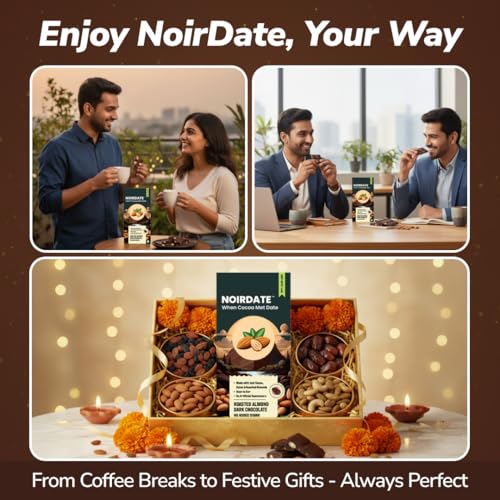 Image of NoirDate Roasted Almond Dark Chocolate - 15g, Bean to Bar, Sweetened with Dates, Refined Sugar Free, Clean Label, Healthy & Guilt-Free, Vegan, Rich in Antioxidant (Pack of 6)