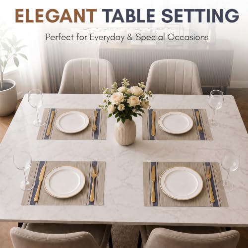 Image of Solitude Set of 6 Dining Table Placemats | Non-Slip PVC Table Mats, Heat Resistant, Washable, Stain-Resistant Surface, (Beige & Blue, 45 x 30 cm)