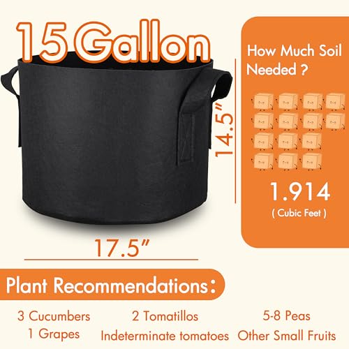 Image of Gardzen 20-Pack 15 Gallon Grow Bags, 300G Thickened Fabric Grow Bags with Handles, Heavy Duty Aeration Plant Grow Bags for Indoor & Outdoor Use