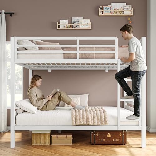 Image of iPormis Metal Bunk Bed Full Over Full, Heavy Duty Bunk with High Guardrail and Safety Entrance Design, Under-Bed Storage Space, Easy Assembly, Noise Free, White