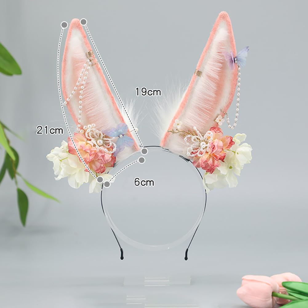 LJJCSFF Floral Bunny Ears Headband Furry Rabbit Cat Fox Ears Headband Handmade Animal Fur Ears Halloween Cosplay Costume