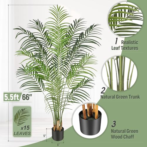 Image of 5.5ft Artificial Palm Tree - 165cm Tall Fake Areca Palm Plant with 15 Leaves and Realistic Bark Design - Faux Tropical Plants with Pot Perfect for Indoor Home, Living Room, or Bedroom Decor