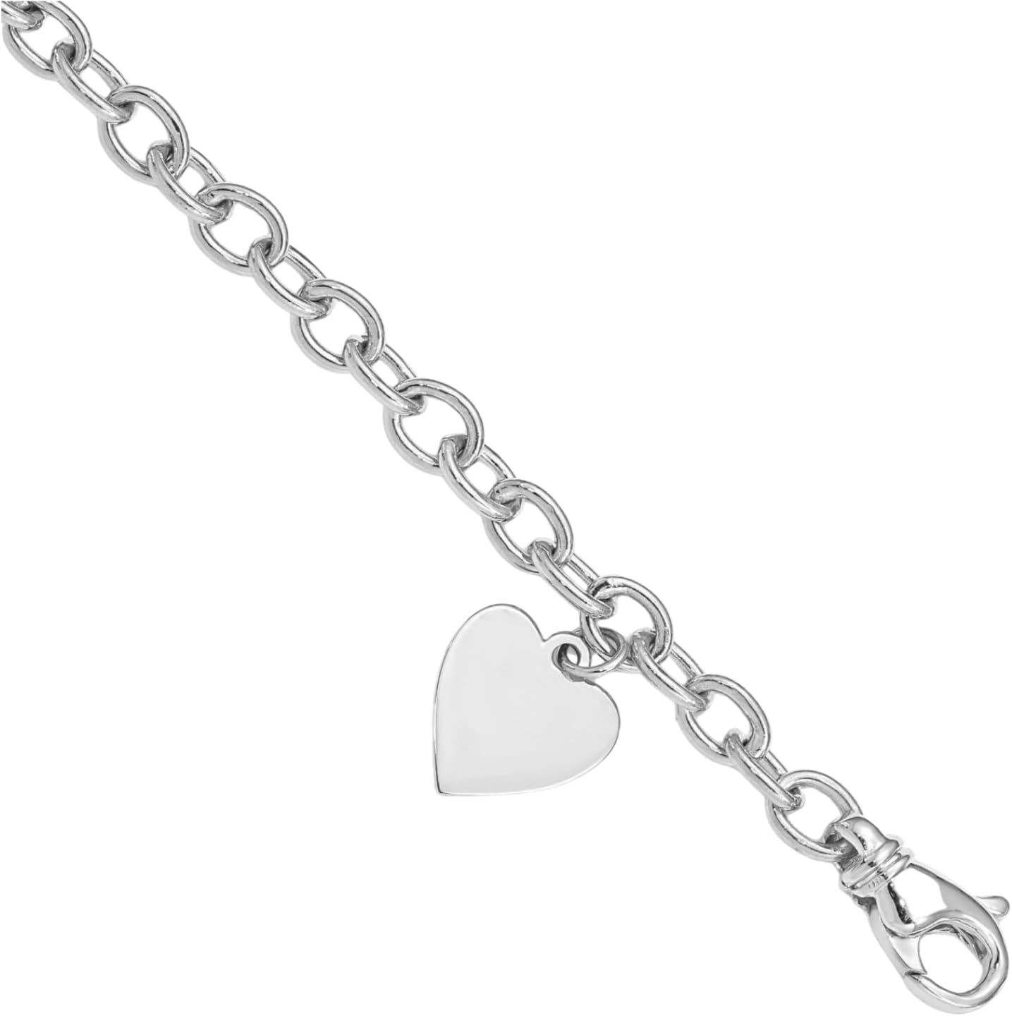 IceCarats 14K Solid White Gold 6mm Thick Rolo Chain Heart Charm Bracelet Polished, Engravable