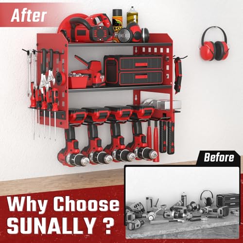 Image of SUNALLY Power Tool Organizer, Heavy Duty Wall Mount Tool Organizer 3 Layers with 4 Drill Holders, Garage Tools Storage Rack with 2 Side Pegboards and Hooks for Workshop, Shed, Red