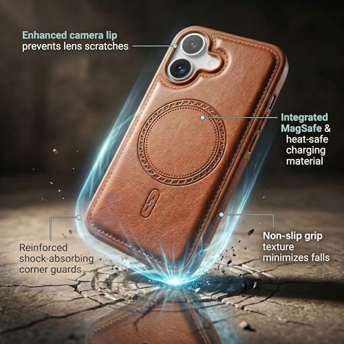 Image of amazon basics Premium PU Leather Case for iPhone 16, MagSafe Compatible Magnetic Ring, Sleek Protective Back Cover - [Tan]