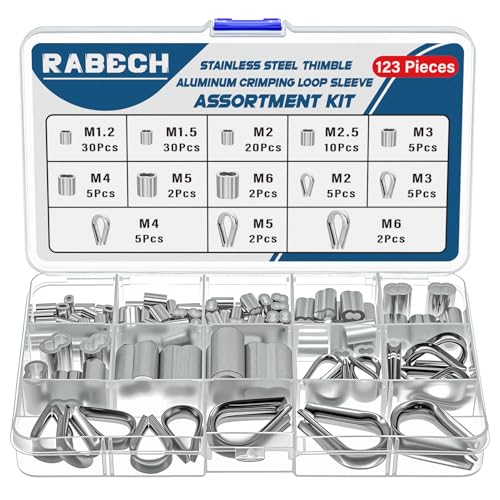 RABECH Stainless Steel Wire Rope Thimbles 5Size M2 to M6 Aluminum Crimping Loop Sleeve 8Size 3/64-1/4 Inch for Wire Rope Cable Thimble Rigging