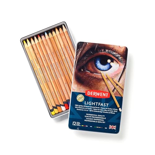 Derwent lightfast colored pencils 12 tin, set of 12, 4mm wide core,...