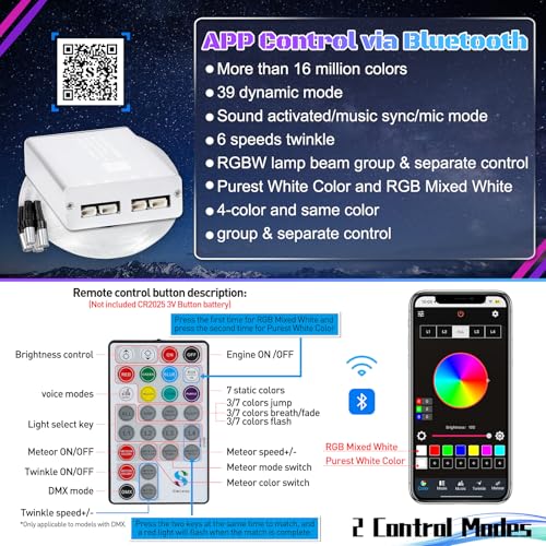 Image of Split 4 Colors 12W Car Starlight Headliner Kit 600pcs*0.02in*9.8ft with APP&RF Remote,RGBW Fiber Optic Strands Star Roof Lights,4 Port Engine Sound Activated Star Ceiling Lights for Car /Home Decor