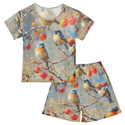 senya Short Sleeve Pajamas Sets Summer Cotton Sleepwear Leaves Bird Red Fruit