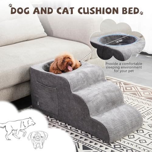 Dog Stairs, Dog Stairs for Old Pet, 3-Step Pet Stairs, Cat Steps for Bed, Dog Pad for Puppy, Pet Stairs for high beds, Old Dog Pet Bed, Non-Slip Pet Step Indoor, Grey - Image 4