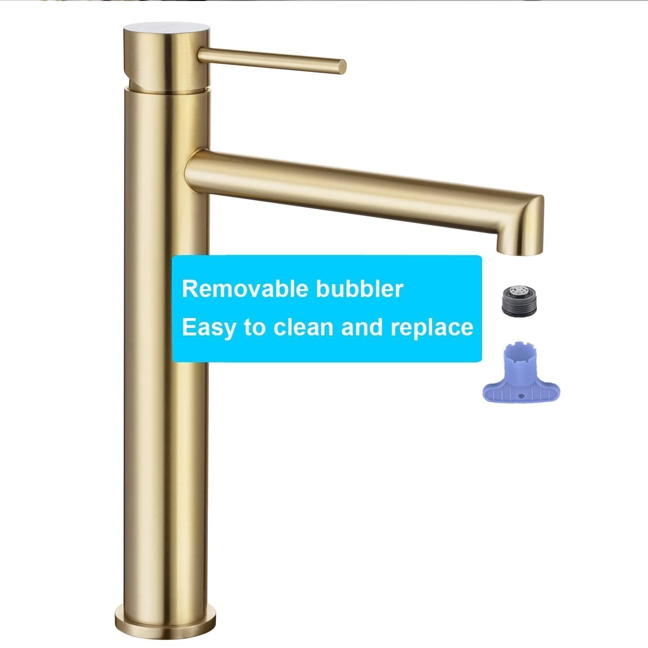 ONECE Grifo de Lavabo Alto, Grifería Baño Oro Cepillado para Encimera | Mezclador Monomando de Acero Inoxidable 304, Aireador Extraíble, Agua Fría y Caliente