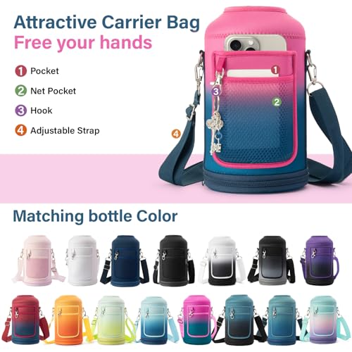 Insulated Water Bottle | Thickened Stainless Steel Vacuum Metal | Portable Sports Half Gallon Large Water Jug for Gym and Hiking with Straw, Carrier Bag, Handle Strap | BPA-Free 64 oz
