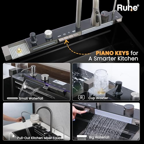 Image of Ruhe Piano Black Smart Waterfall Kitchen Sink | 30x18x9 inches | Digital Display, Pull-Out Faucet & RO Tap | 304-Grade Stainless Steel Single Bowl Sink | Automatic Cup Washer | Multi-Functional Sink