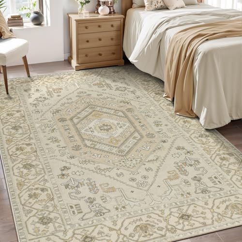 SERISSA Area Rug 3x5 Boho Rugs for Bedroom, Washable Non-Slip Living Room Rug, Ultra Soft Print Distressed Vintage Beige Rug Low-Pile Throw Carpet for Entry Kitchen Bedroom Nursery Dorm Decor