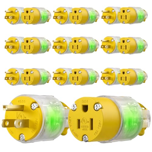 10 Sets Lighted Extension Cord Ends Replacement Plug 3 Prong 15A 125V NEMA 5-15P*NEMA 5-15R, Electrical Replacement Plug, Male and Female Extension Cord Ends, 15 Amp Plug, UL Listed,Yellow