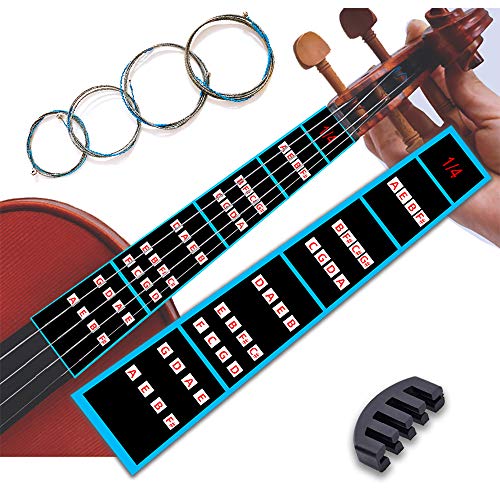 Violin Finger Guide Set of 3 - Violin Finger Guide Sticker Fingerboard Guide, Violin Spare Strings and Rubber Mute for Practice Beginners For All Size Violin 4/4, 3/4, 1/2, 1/4, 1/8, 1/10 (1/4)