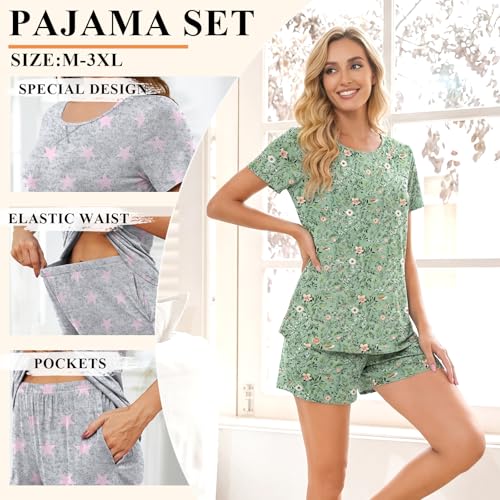 Image of Findsweet Pajama Set for Women 2 Piece Lounge Set Soft Sleepwear Summer Casual Short Pjs Sets with Pockets M-3XL