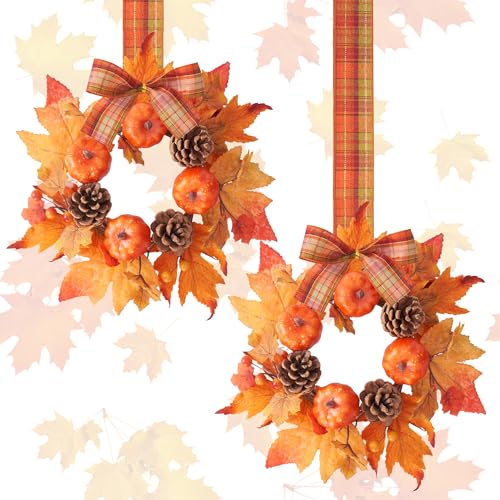 Small Mini Fall Wreaths for Kitchen Cabinet Decor-Fall Candle Ring Wreath Table Decoration-Thanksgiving Small Pumpkin Wreaths for Door Table Wall Window Decor
