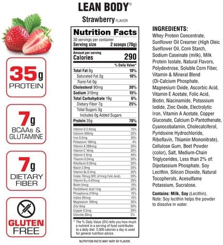 Miniatura 2 de Lean Body - Batido de proteína de fresa todo en uno. 1.23 oz de proteína, mezcla de suero, 0.27 onzas de grasas saludables y fibra, 22 vitaminas y