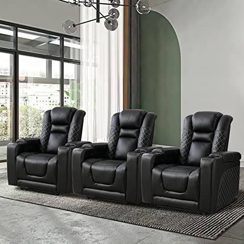 CANMOV Power Recliner Chair Set of 3, Overstuffed Electric Home Theater Seating with USB Ports and Cup Holders, PU Leather Reclining Chair with Hidden Arm Storage, Black