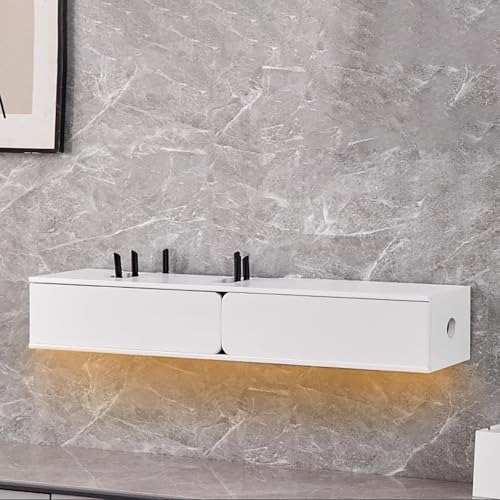Meuble TV flottant moderne avec routeur WiFi - Design minimaliste blanc - 2 portes - Dos creux pour amplifier le signal - Parfait pour le salon et la chambre...