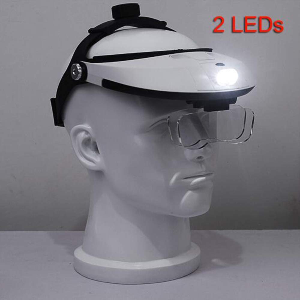 Frontlupe mit 2 LED-Lichtern, Lesebrille zur Befestigung am Kopf, Lupe für Juwelier/Uhrmacher, 5 austauschbare Linsen.