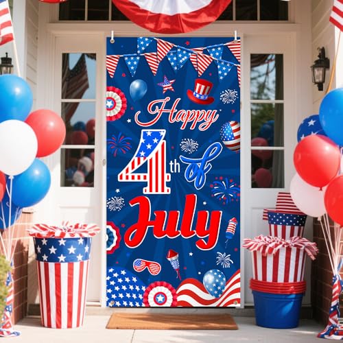 Image of AIBIIN Happy 4th of July Door Cover Banner 4th of July USA Backdrop Memorial Patriotic Decorations for Independence Day Party Supplies Patriotic Theme Backdrop Poster for Indoor Outdoor Decor