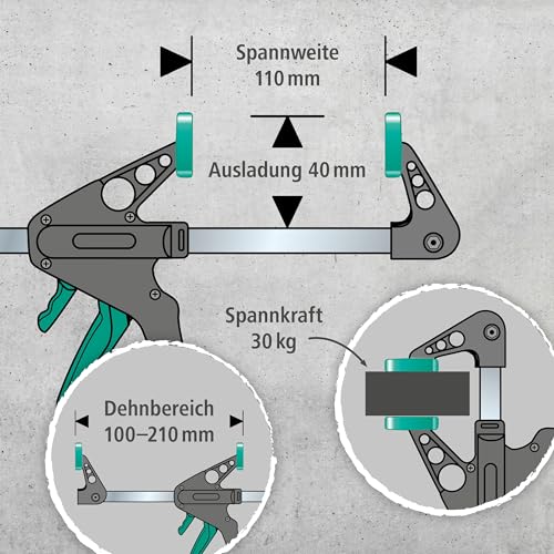 wolfcraft Mini-Einhandzwingen - 3455100 - Zwingen Set zum Fixieren von kleinen Werkstücken - 2 Stück - Anwendung mit nur einer Hand - für Hobby und Bastelprojekte - 30 kg Spannkraft