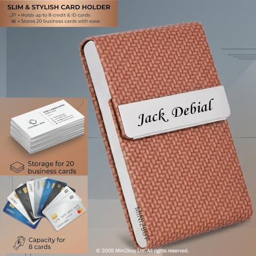 Image of MINI2BUY Customized Business Card Holder for Man&Women Metal Classy Visiting Card Holder for Pocket PU Leather Wallet Slim Cards Case with Metal Magnetic Clasp 20 Cards (6X9.5Cm Brown)