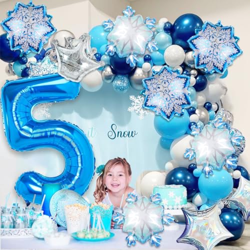Image of Winter Snow Balloons Frozen Snow Themed Birthday, Silver and Blue Large Foil Mylar 40inch 3 Number Balloon with Crown for Princess Elsa Birthday Party Decorations Supplies for Women