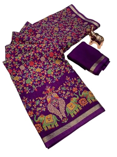 Image of Kalamkari Floral Prints Dola Silk Saree With Rich Zari Border Designer Pallu Attach Blouse Piece