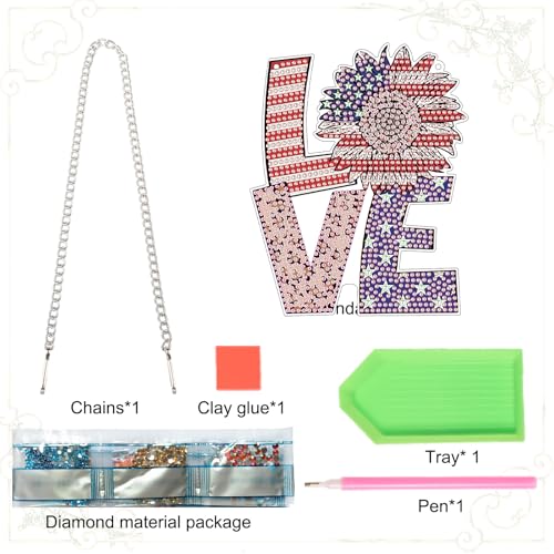 Image of AiYuanzsh Patriotic Diamond Painting Hanging Sign - Love Door Wall Decoration with American Flag Sunflower, Leopard Print, DIY 5D Rhinestone Art Craft for 4th of July Home Decor