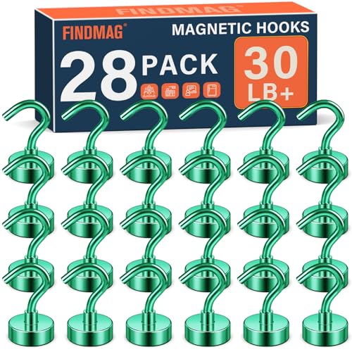 Image of FINDMAG 28 Pack Magnetic Hooks, 30LB+ Magnets with Hooks, Green | Strong Magnetic Hooks for Cruise Cabins, Kitchen, Locker, Home, Office, Grill and Fridge, Cruise Ship Cabin Essentials