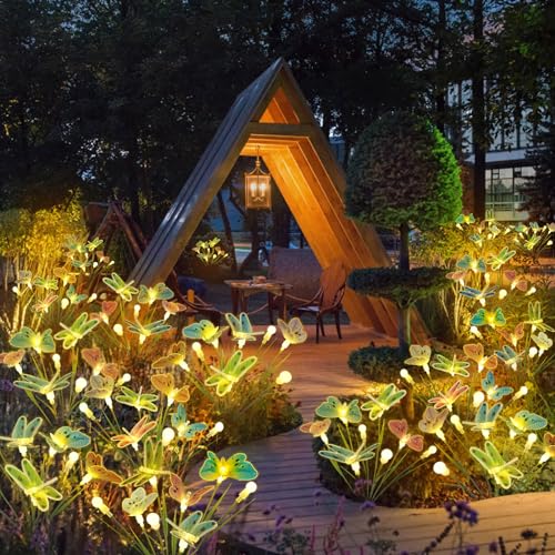Luces solares de jardín, 8 paquetes de 64 luces LED solares oscilantes con cable altamente flexible, como libélula animada mariposa luciérnaga volando en el jardín, luces solares impermeables para