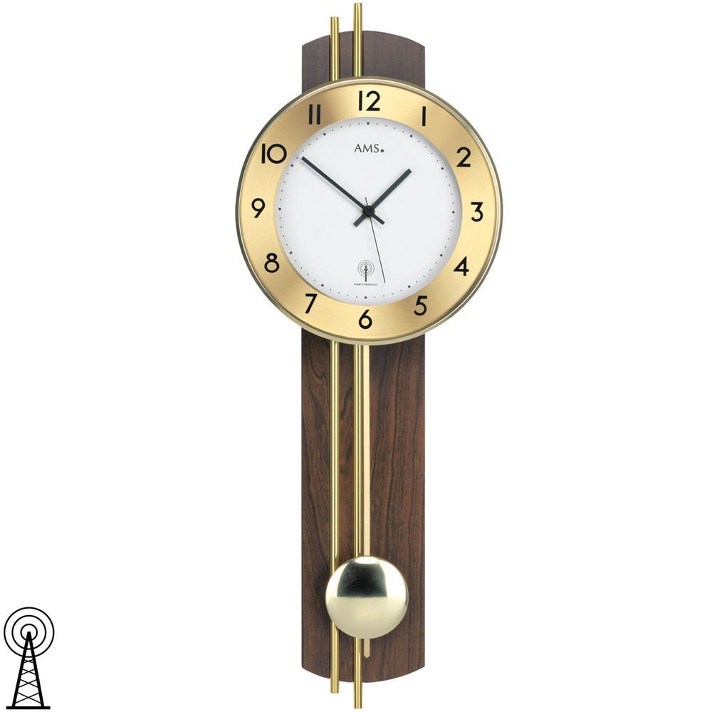 Wanduhr mit Pendel Funk Holzrückwand Nussbaum furniert Messingstäbe