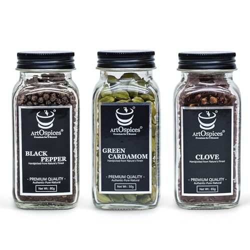 Image of ArtOspices Premium Spice Set - Black Pepper 80g, Green Cardamom (8+ MM Bold) 50g, Clove 65g | Fresh Whole Spices in Glass Jars | Aromatic & Handpicked | Ideal for Cooking, Gifting & Kitchen Storage