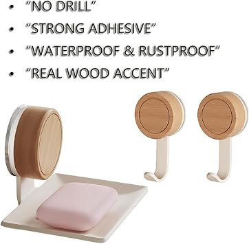 Soap Dish, Walnut and Stainless Steel, Soap Bar Holder for Shower Suction Cup Wall Mounted, No-Drilling Waterproof Sponge Holder (White with Wall Hooks)