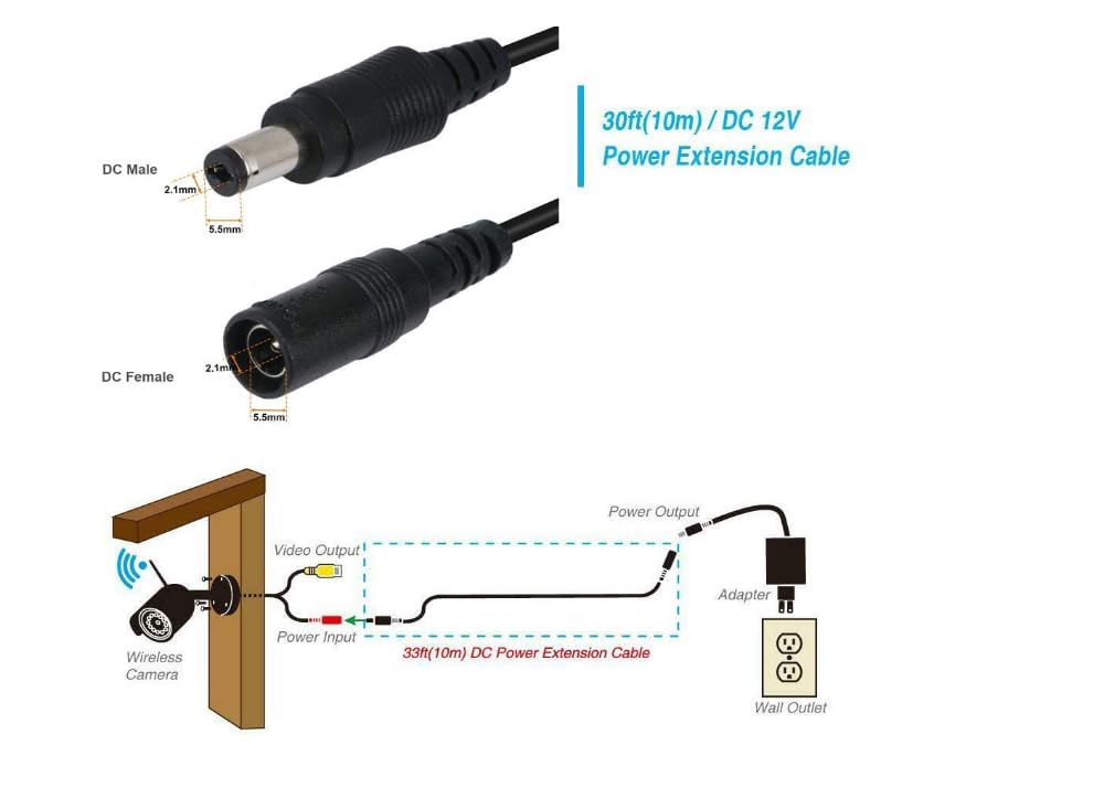 Diagram illustrating how to connect the DC power extension cable to a wireless camera and power adapter.