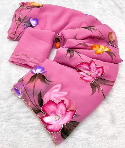 Image of Arkia Women's Floral Hand Embroidered Hand Painted Saree with Blouse Piece